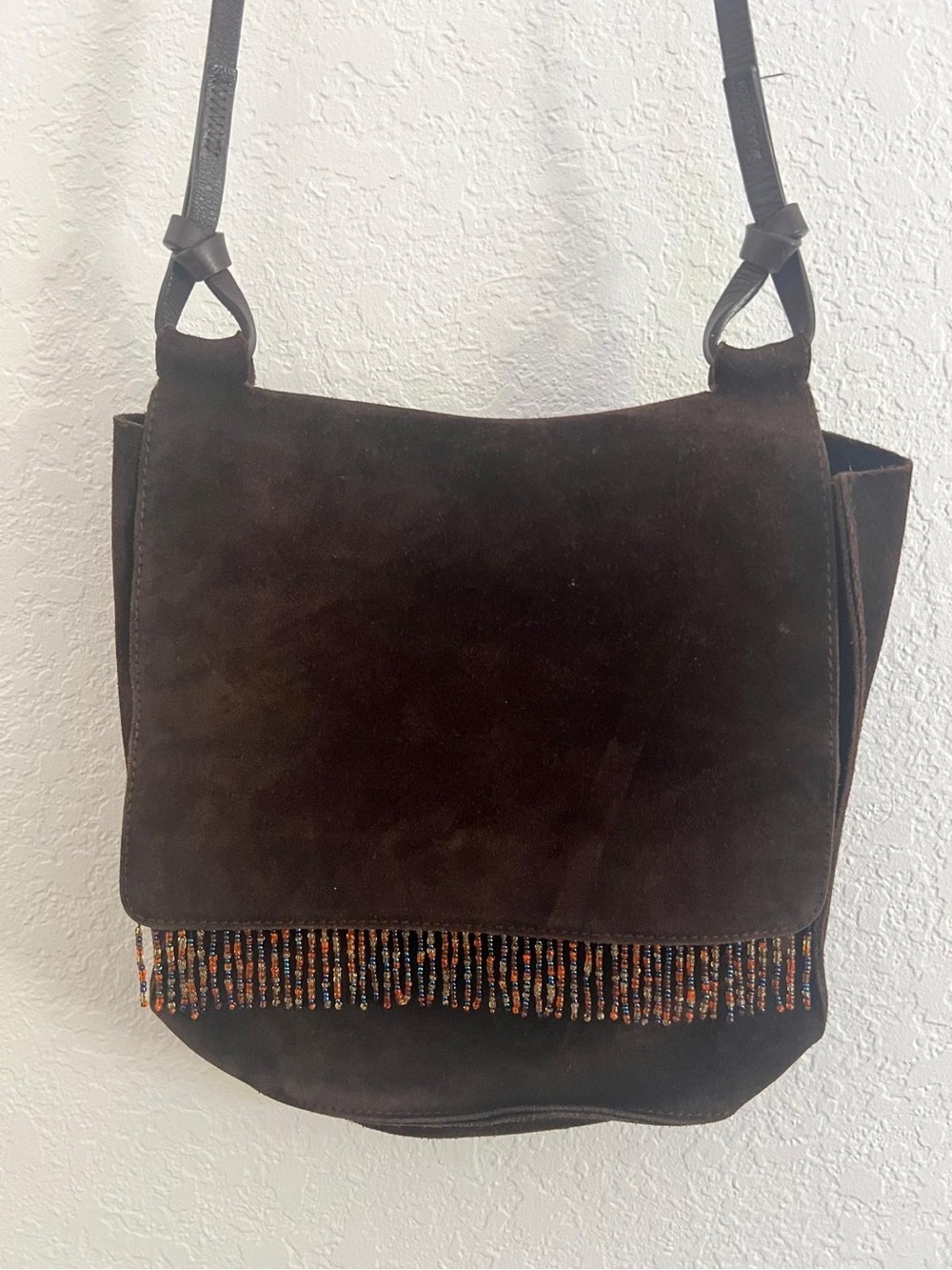 Vtg The Limited Brown Suede Crossbody Bag with Beaded Fringe Boho Y2K